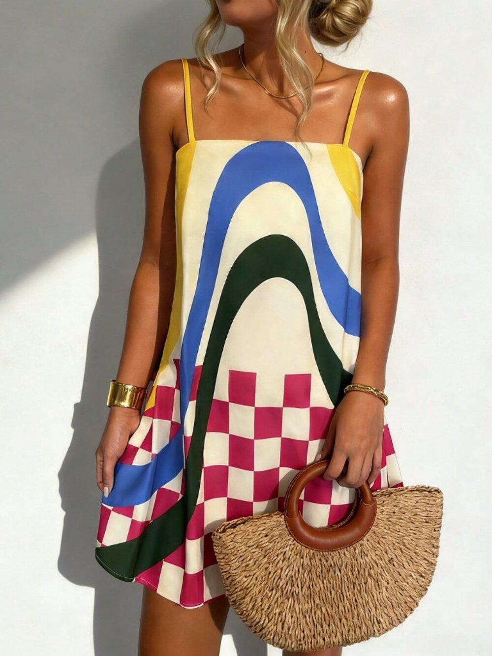 Multicolor Casual Women's  Checkered Color Print Loose Strap Dress - Picture 4 of 6